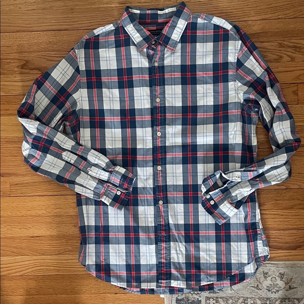 Banana Republic Navy, White & Red Plaid Button-Down Shirt